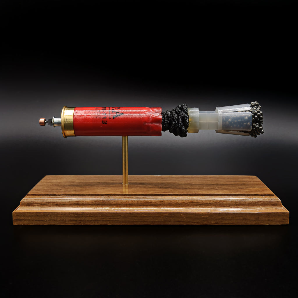 Front profile of an exploded Winchester AA 12 Gauge 7.5 Shot shotgun shell display featuring the red hull, exposed simulated powder, wad, #7.5 lead shot payload, and expanded primer assembly with primer cup, anvil, and battery cup mounted on a handcrafted walnut wood presentation base.