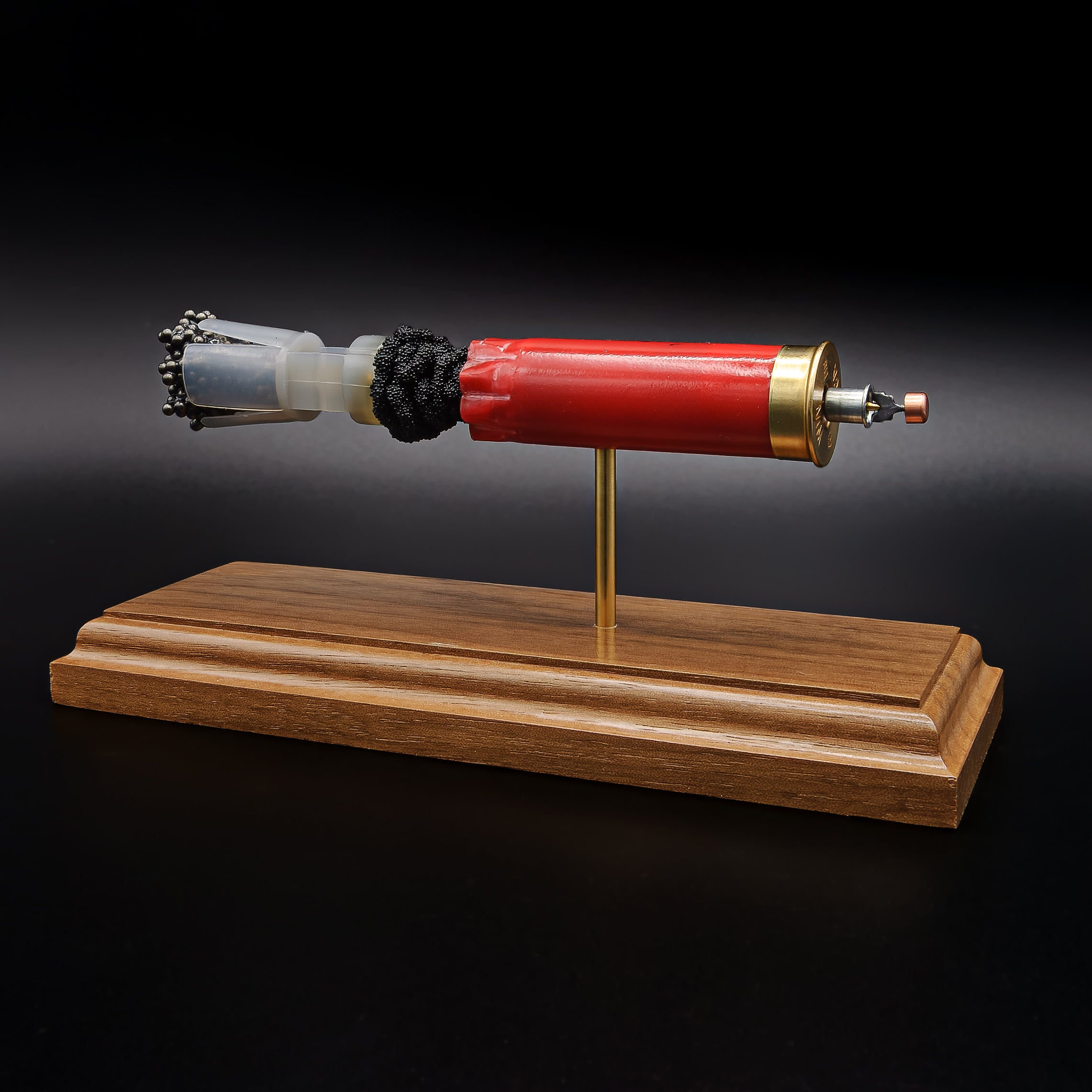 Left-side profile of an exploded Winchester AA 12 Gauge 7.5 Shot shotgun shell display with the red hull separated from the wad and #7.5 lead shot payload by exposed simulated powder while showcasing the expanded primer cup, anvil, and battery cup on a handcrafted walnut base.