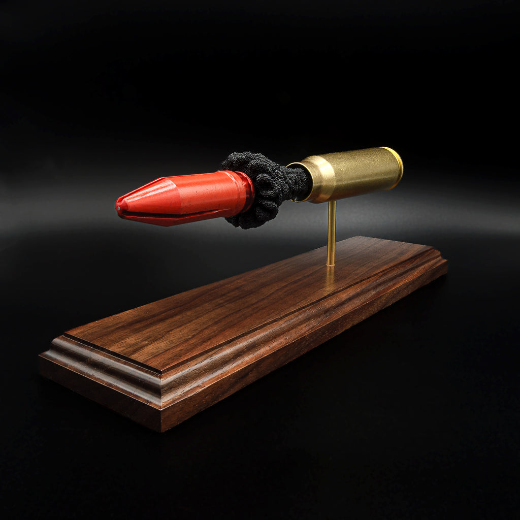 Premium 20mm Vulcan MK244 APDS exploded cartridge model displayed on a solid walnut base with realistic internal components