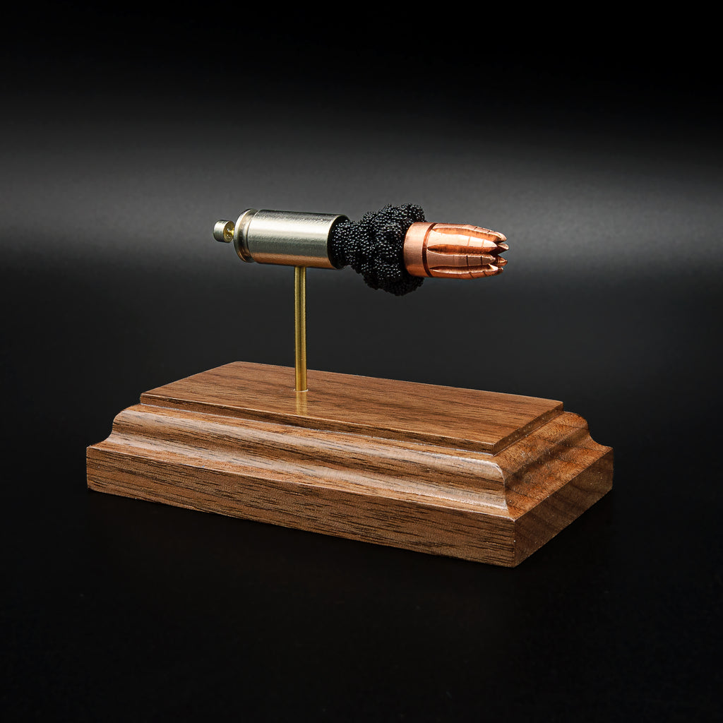 40 S&W G2 Research RIP exploded cartridge anatomy display on walnut wood base