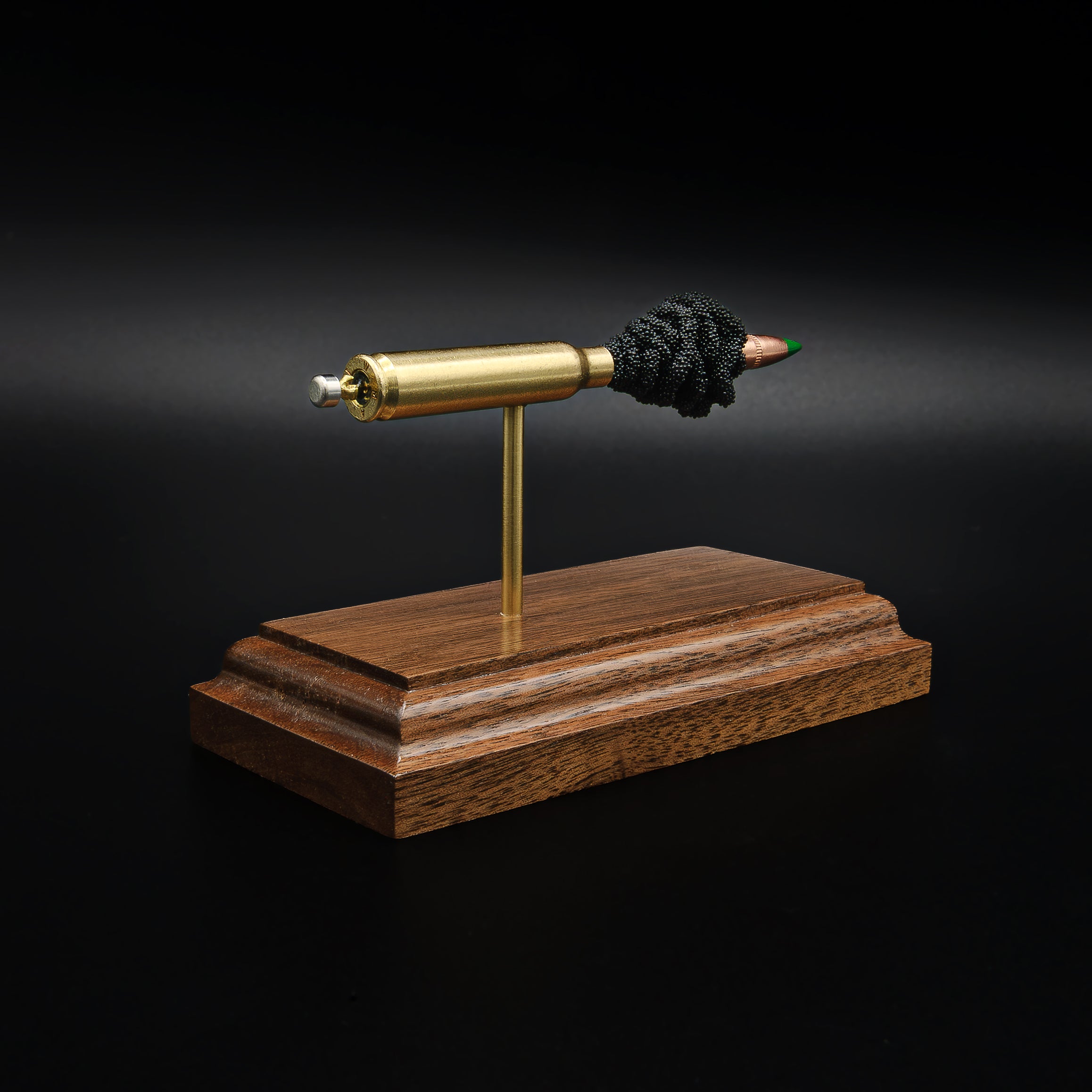Rear left angle of a 5.56×45mm NATO M855 Green Tip cartridge anatomy display showing the cartridge head, primer assembly, and separated internal components on a walnut base.