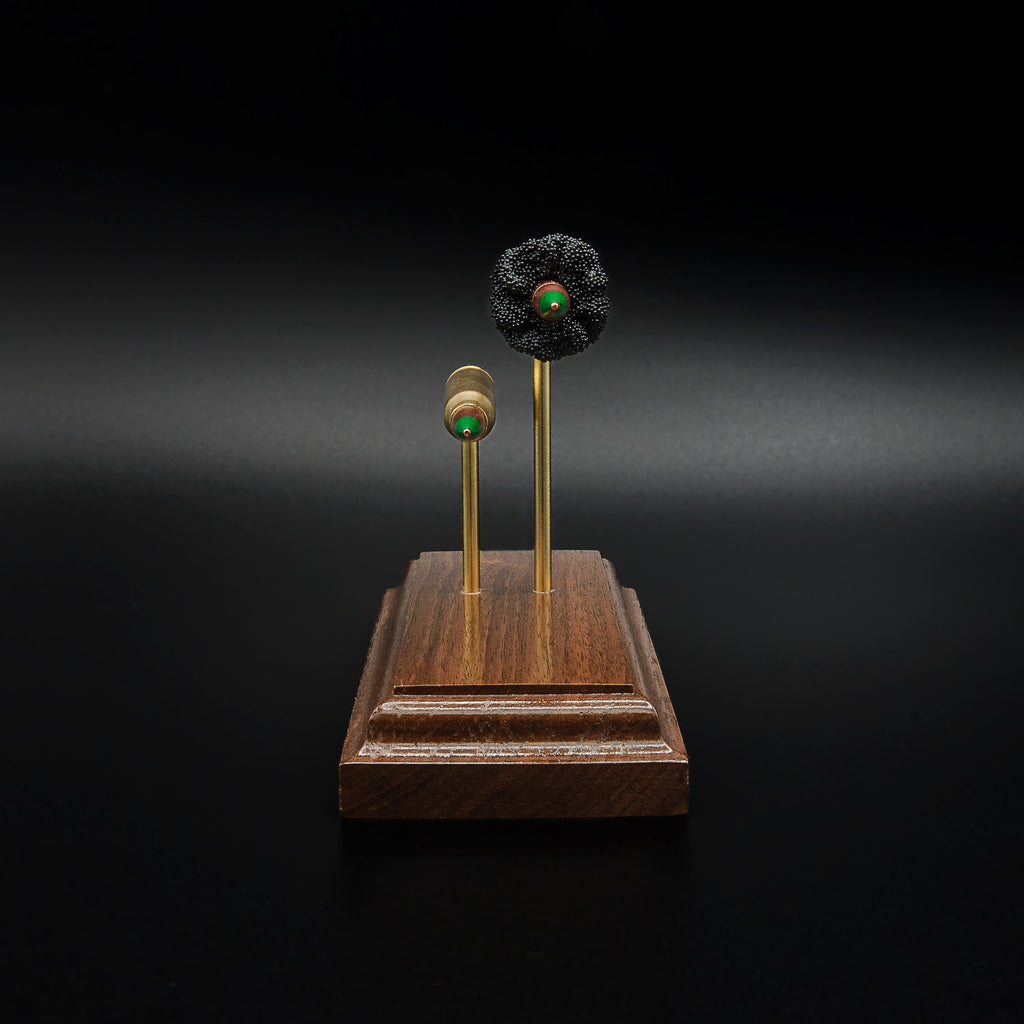 End-on view of a 5.56x45 NATO SS109 Green Tip Comparison Series display showing the pointed green tip projectiles, exposed simulated powder, and handcrafted walnut wood base.
