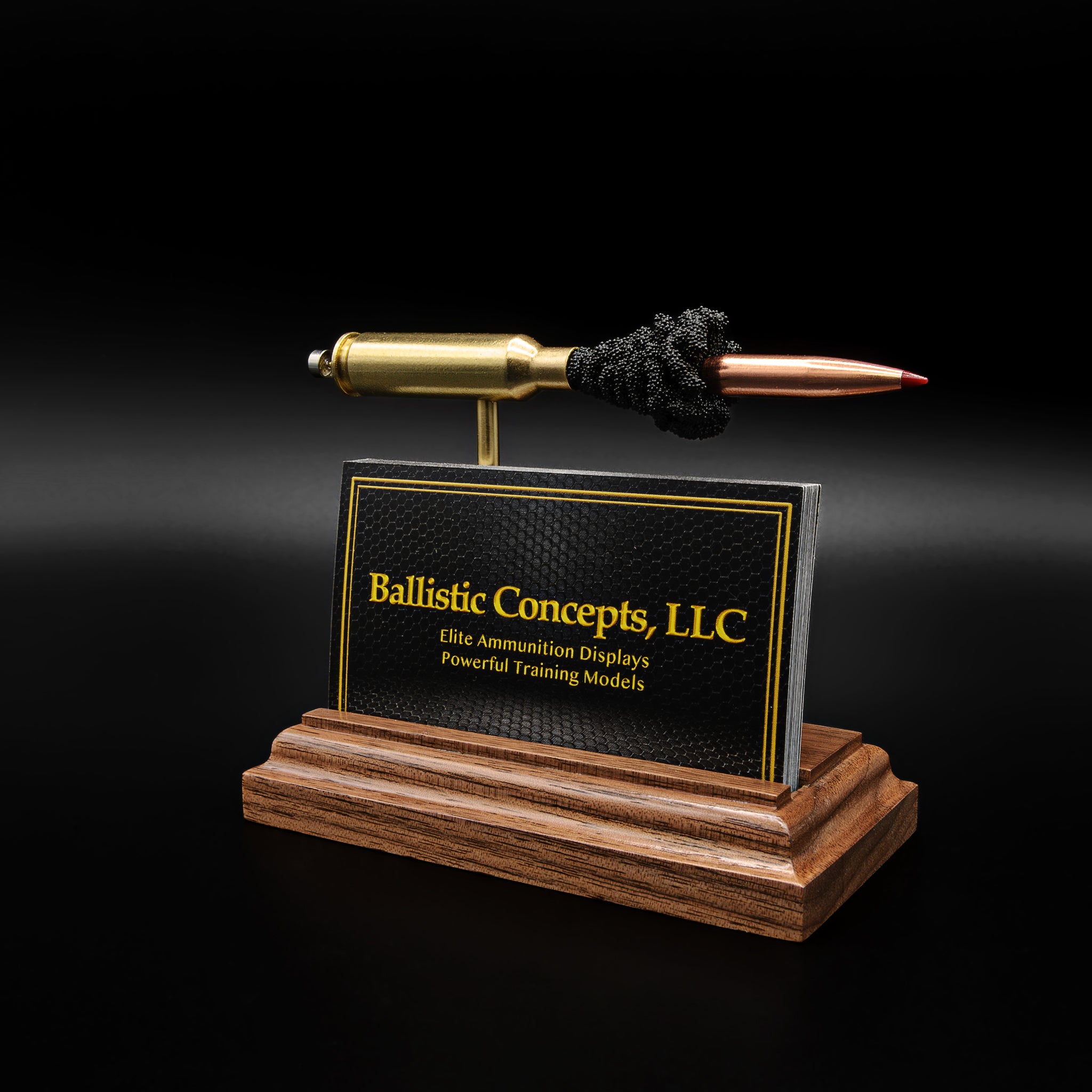 6.5 Creedmoor Rifle cartridge business card display with real components mounted on hardwood base, functional desk piece for office or workshop