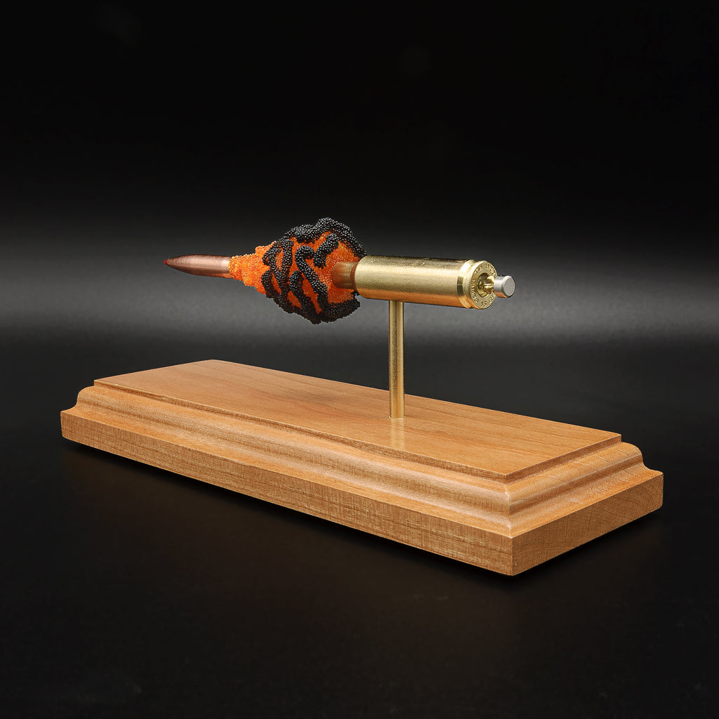 Rear angled view of a 6.5 Creedmoor FirePowder anatomy model showing the Alpha Munitions cartridge case, primer cup, anvil, simulated powder effect, and Hornady ELD-X projectile.