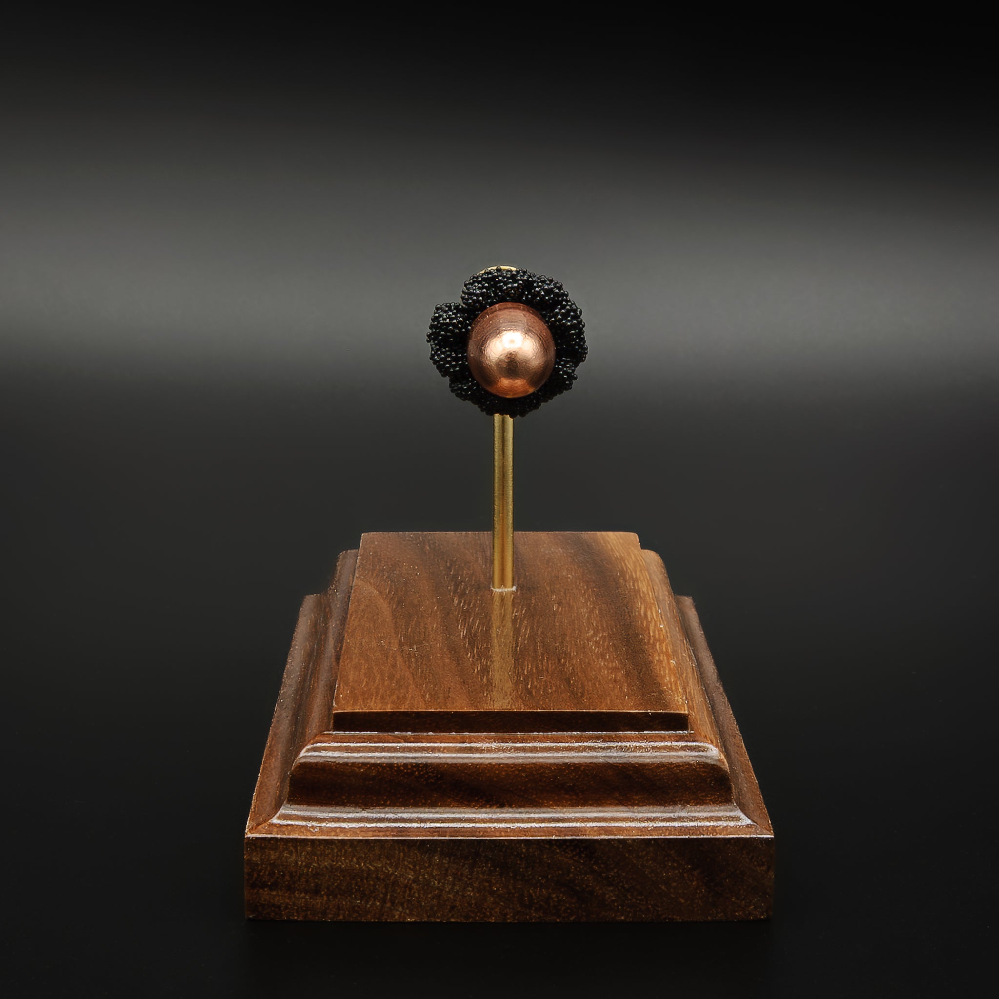 Head-on view of 9mm FMJ bullet with clustered powder in exploded cartridge display on walnut base