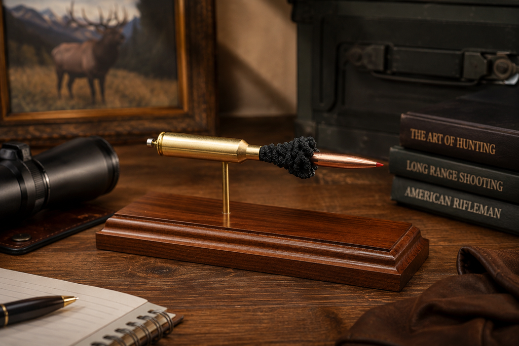 Expanded 7mm PRC Hornady Precision Hunter 180gr ELD-M cartridge display mounted on a polished Bolivian rosewood base, featuring the visible primer cup, anvil, cartridge case, simulated powder, and projectile. Displayed on a rustic wooden desk with a spotting scope, hunting books, notebook, leather gloves, and wildlife artwork in a warmly lit hunting lodge office.
