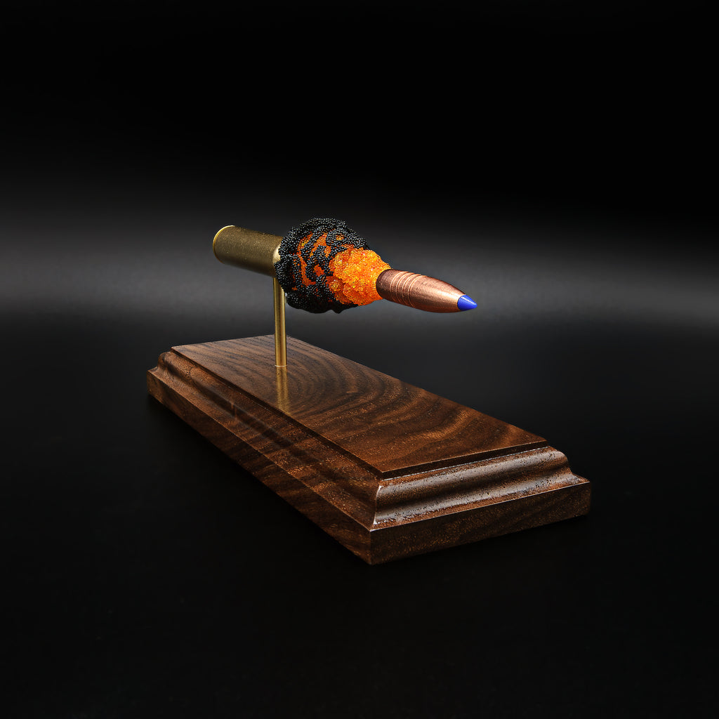 Top angled view of cartridge anatomy display showing spatial separation of case, powder cluster, and projectile on walnut base