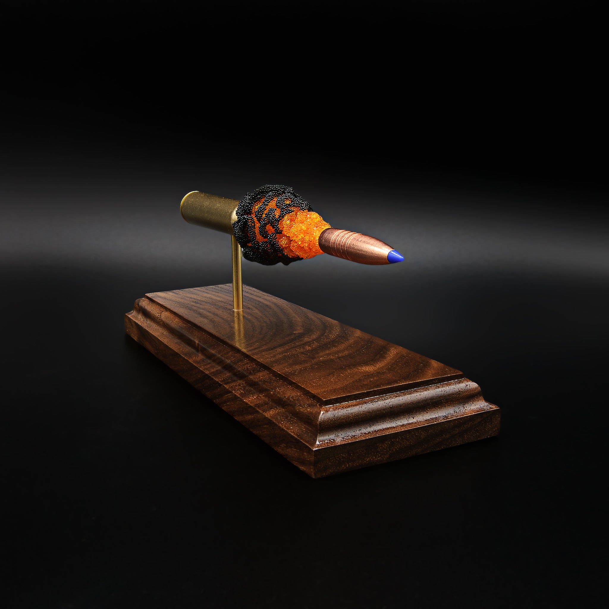 Top angled view of cartridge anatomy display showing spatial separation of case, powder cluster, and projectile on walnut base