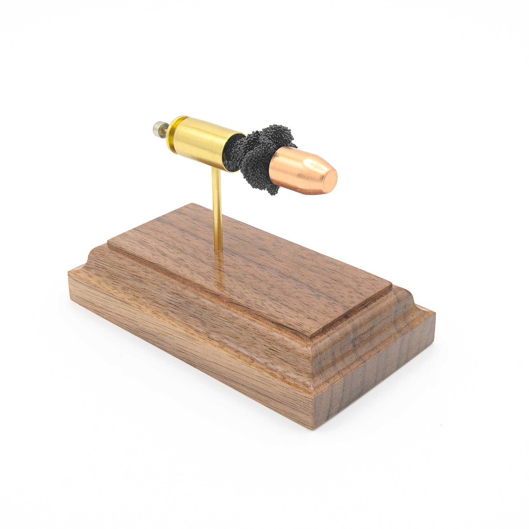 Expanded 40 S&W Winchester 180gr FMJ cartridge display on hardwood base