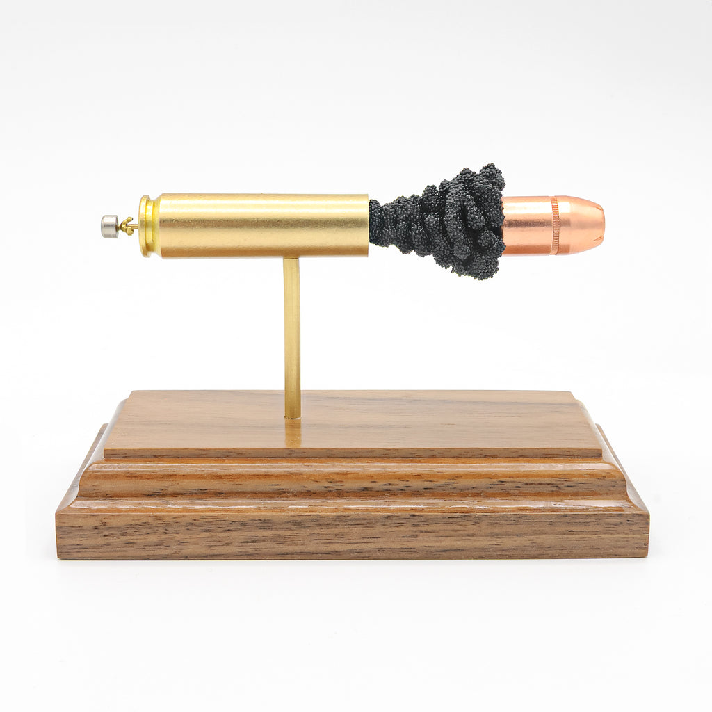 Sectioned 450 Bushmaster cartridge showing primer case powder and 300gr XTP Mag bullet aligned horizontally