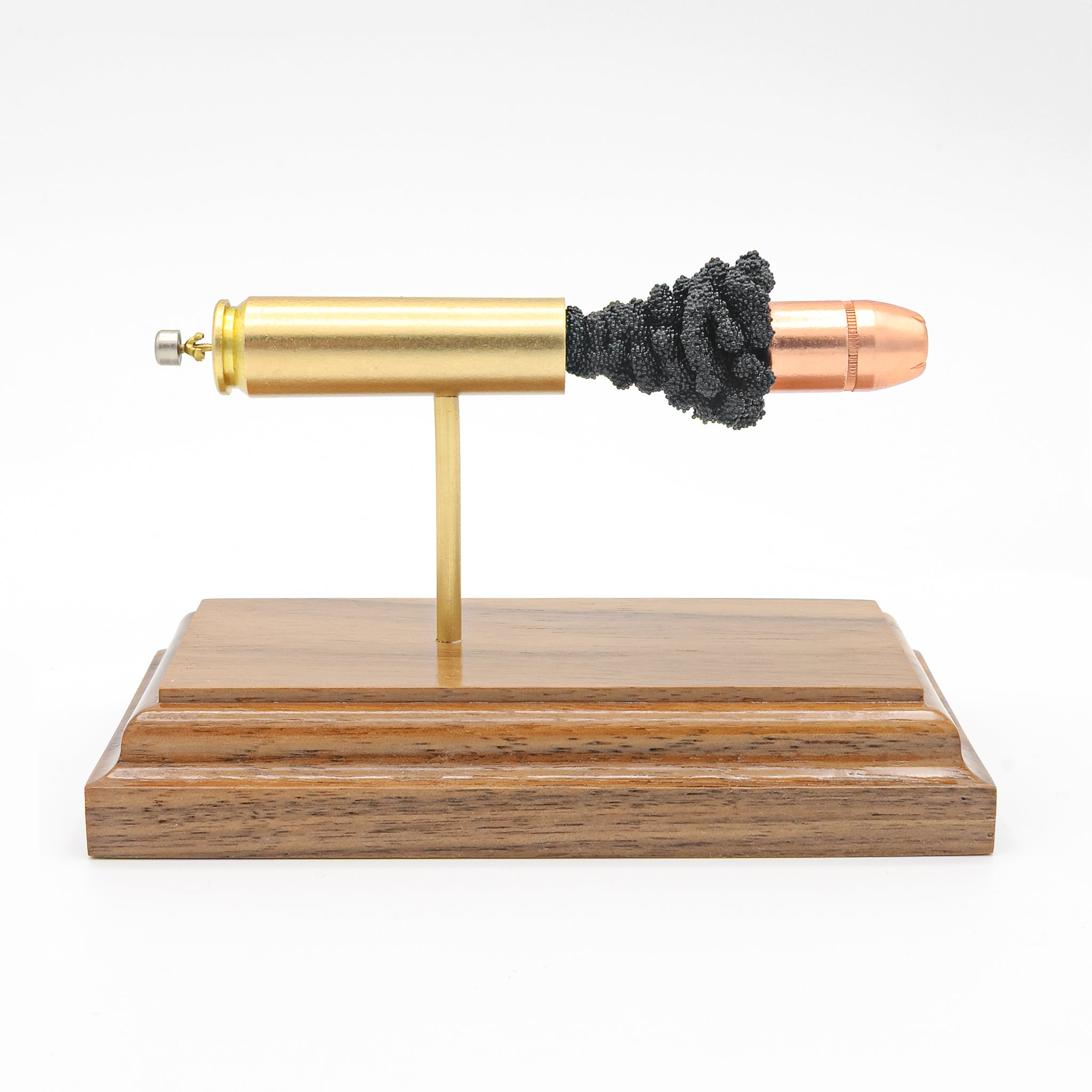 Sectioned 450 Bushmaster cartridge showing primer case powder and 300gr XTP Mag bullet aligned horizontally