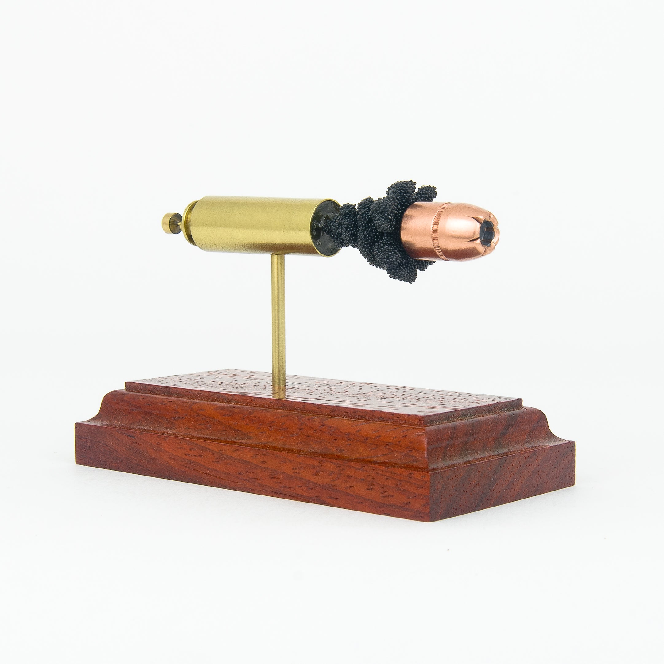 50 Beowulf 350gr Hornady XTP expanded cartridge display model on padauk base