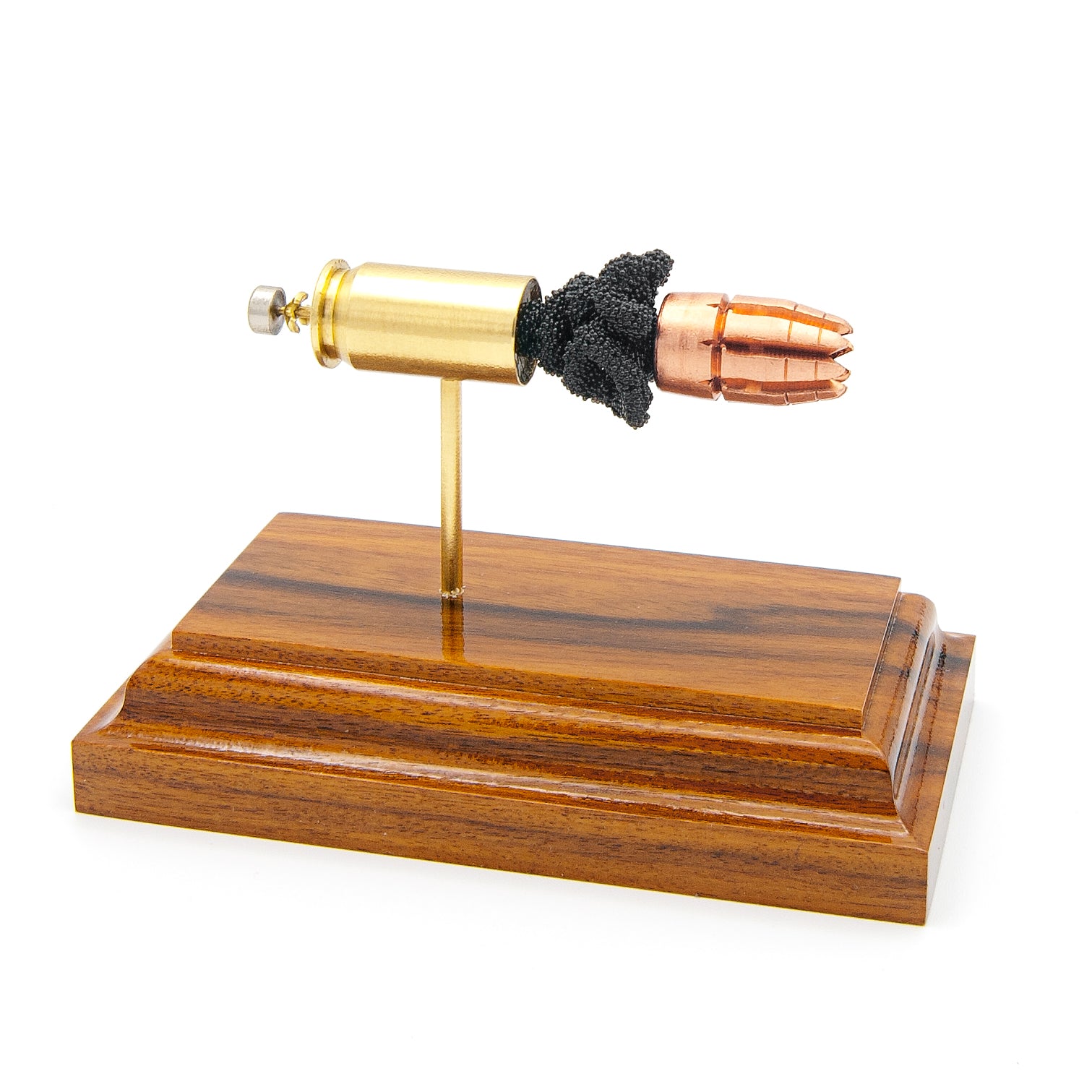 45 Auto R.I.P. G2 Research expanded cartridge anatomy display on hardwood base