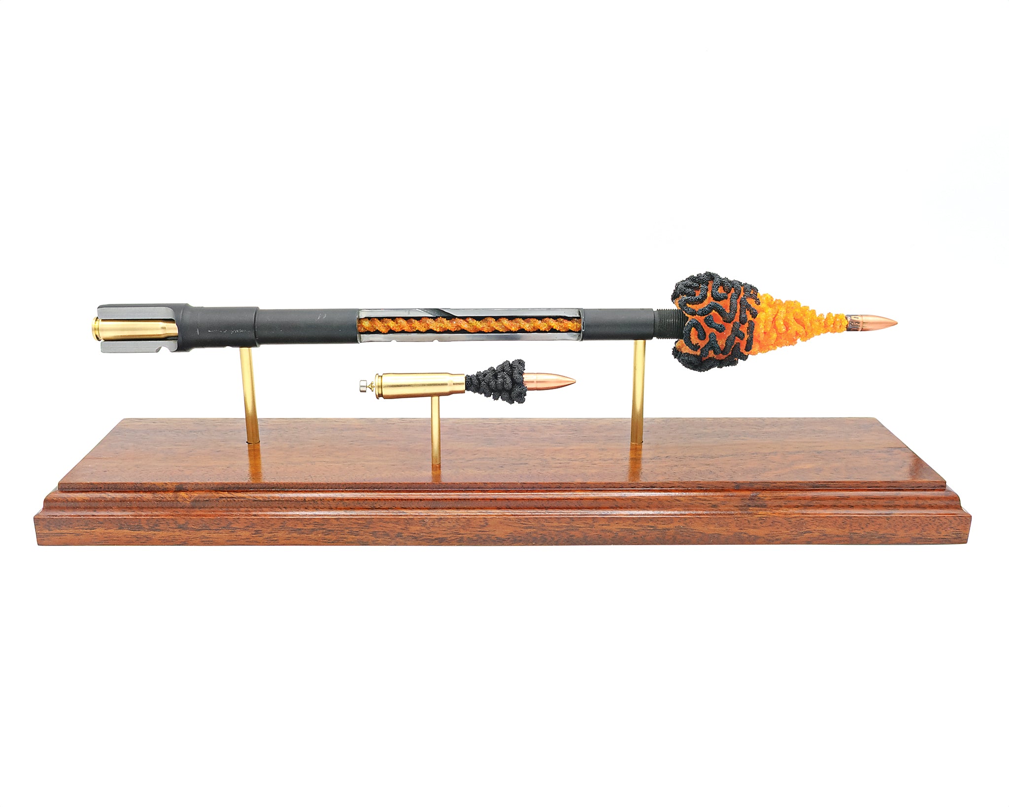 One of one 7.62x39 barrel ignition display on mahogany base