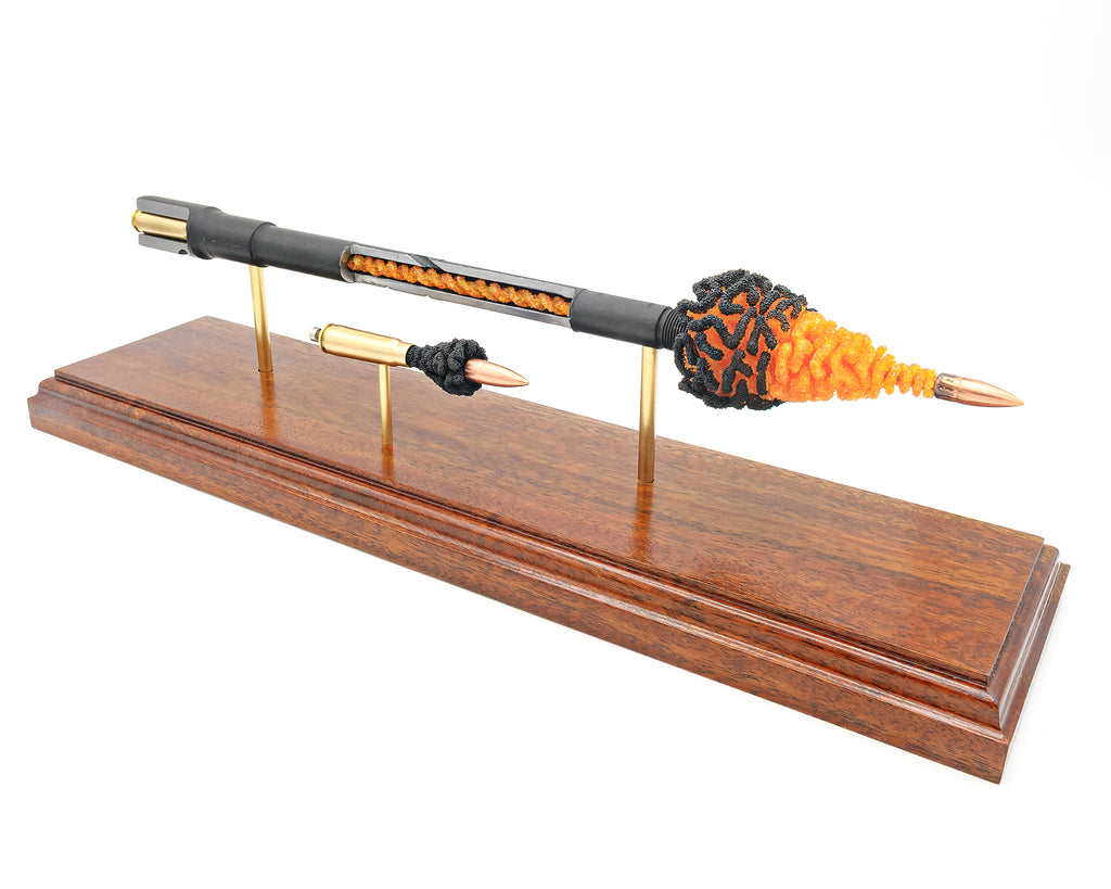 7.62x39 rifle barrel cutaway ignition model with cartridge anatomy display