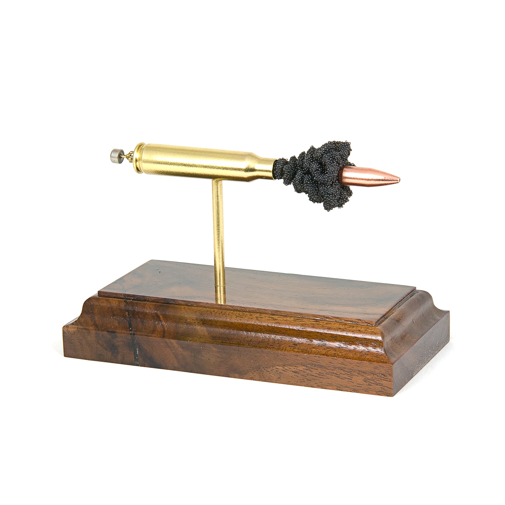 Expanded .223 Rem cartridge display with selectable bullet option on walnut base