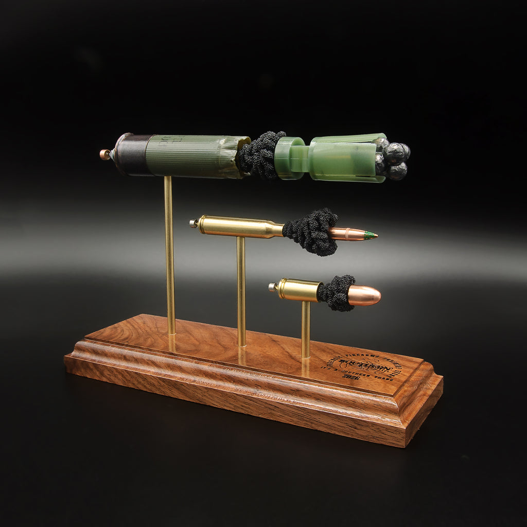 CUSTOM DISPLAY - ENGRAVED - Triple Caliber - Winchester 12ga 00BK / 5.56 GreenTip / 9mm FMJ on Base:C - Cherry