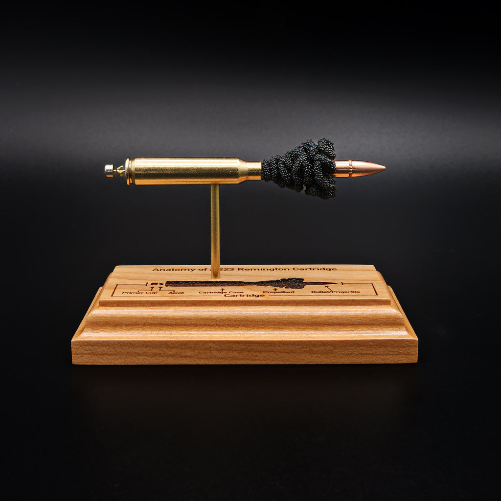 Side view of a .223 Remington FMJ cartridge anatomy display with the primer cup, anvil, cartridge case, simulated powder, and projectile visible on a cherry wood base with an engraved anatomy diagram.