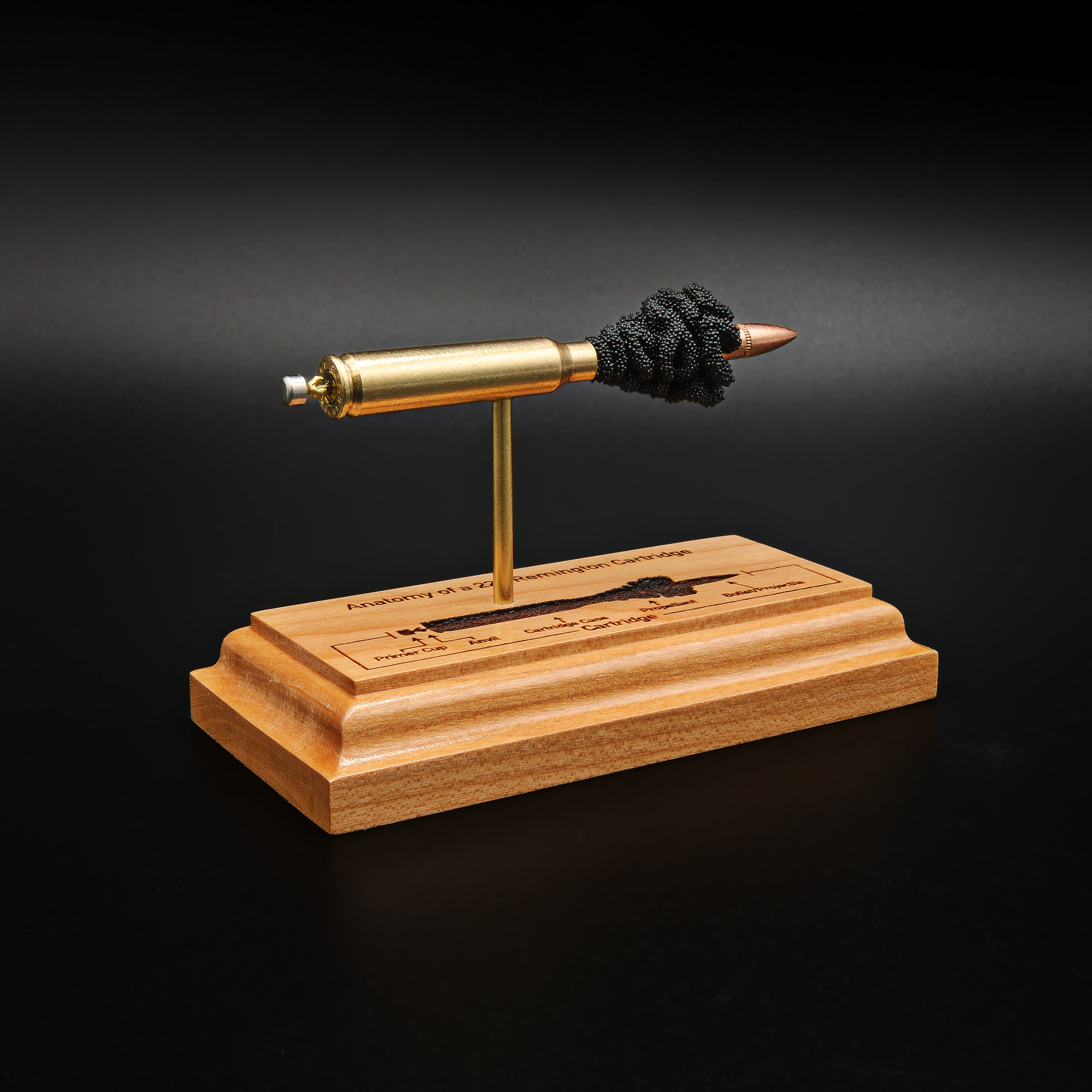 Other rear angled view of a .223 Remington FMJ cartridge anatomy display highlighting the projectile, simulated powder, cartridge case, primer cup, and anvil on a cherry wood base with an engraved anatomy diagram.