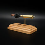 Rear angle of a handcrafted .308 Winchester anatomy display showing the brass case, primer assembly, and 168gr Sierra MatchKing HPBT bullet mounted above an engraved cartridge anatomy diagram.