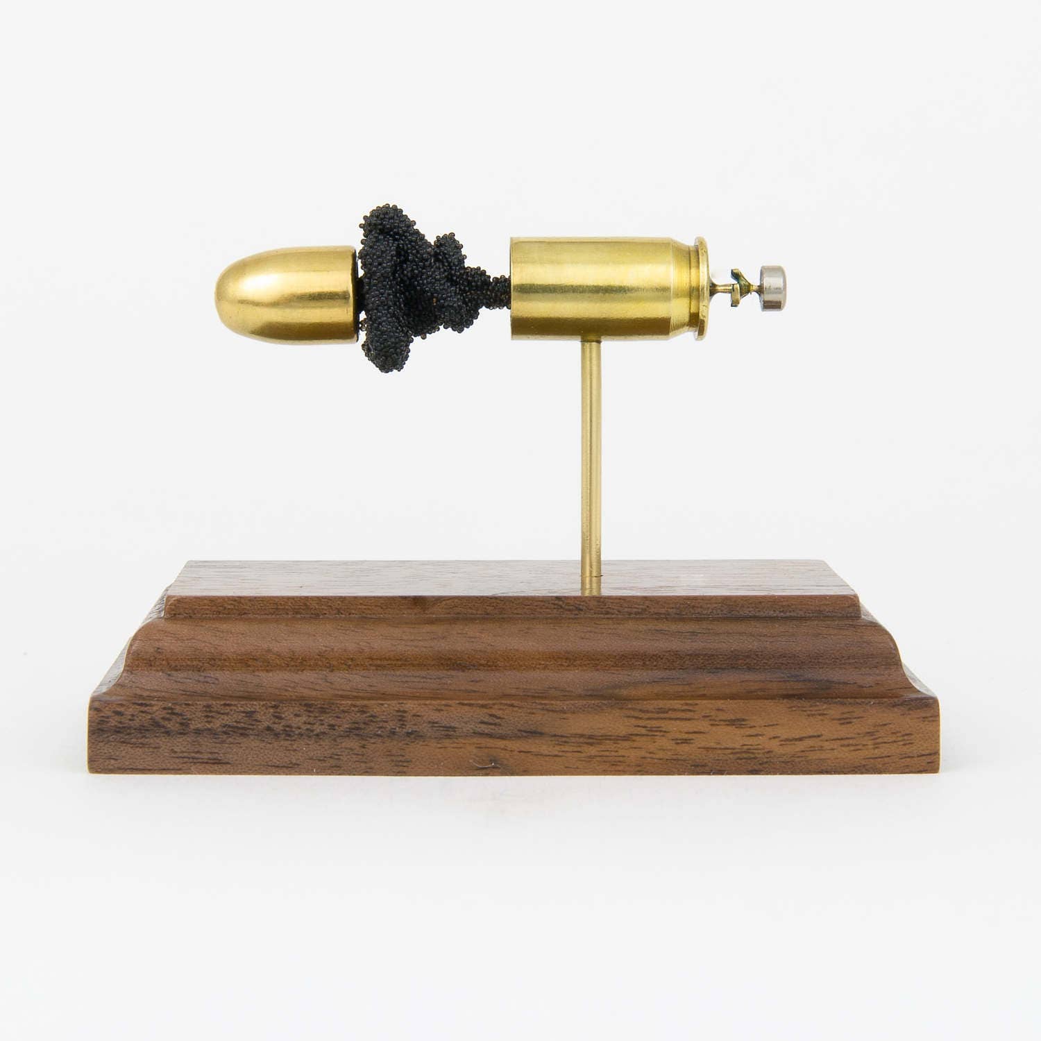 45 Auto 230gr FMJ cutaway cartridge display mounted on solid hardwood base