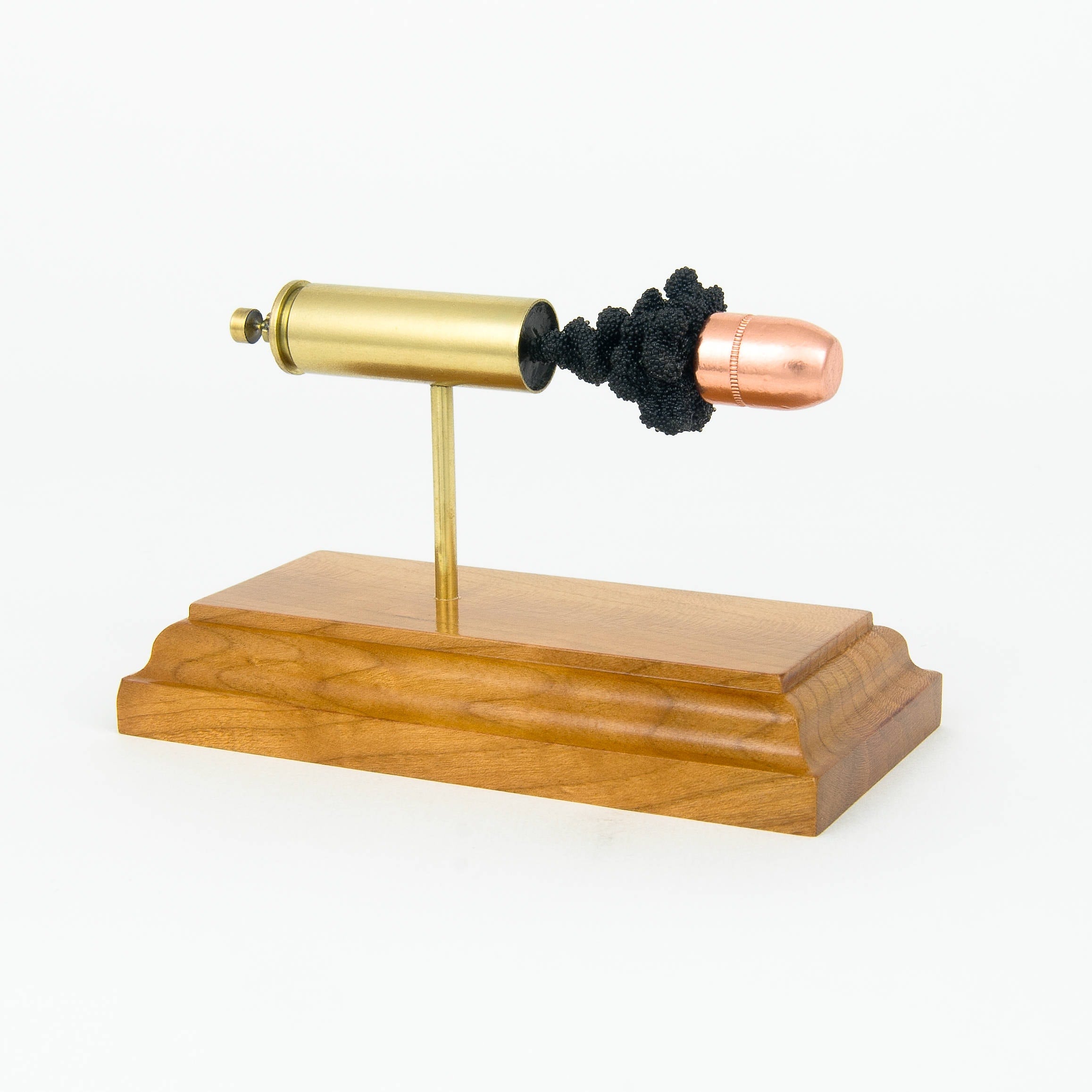 500 S&W Magnum 350gr copper FMJ expanded cartridge display model on cherry base