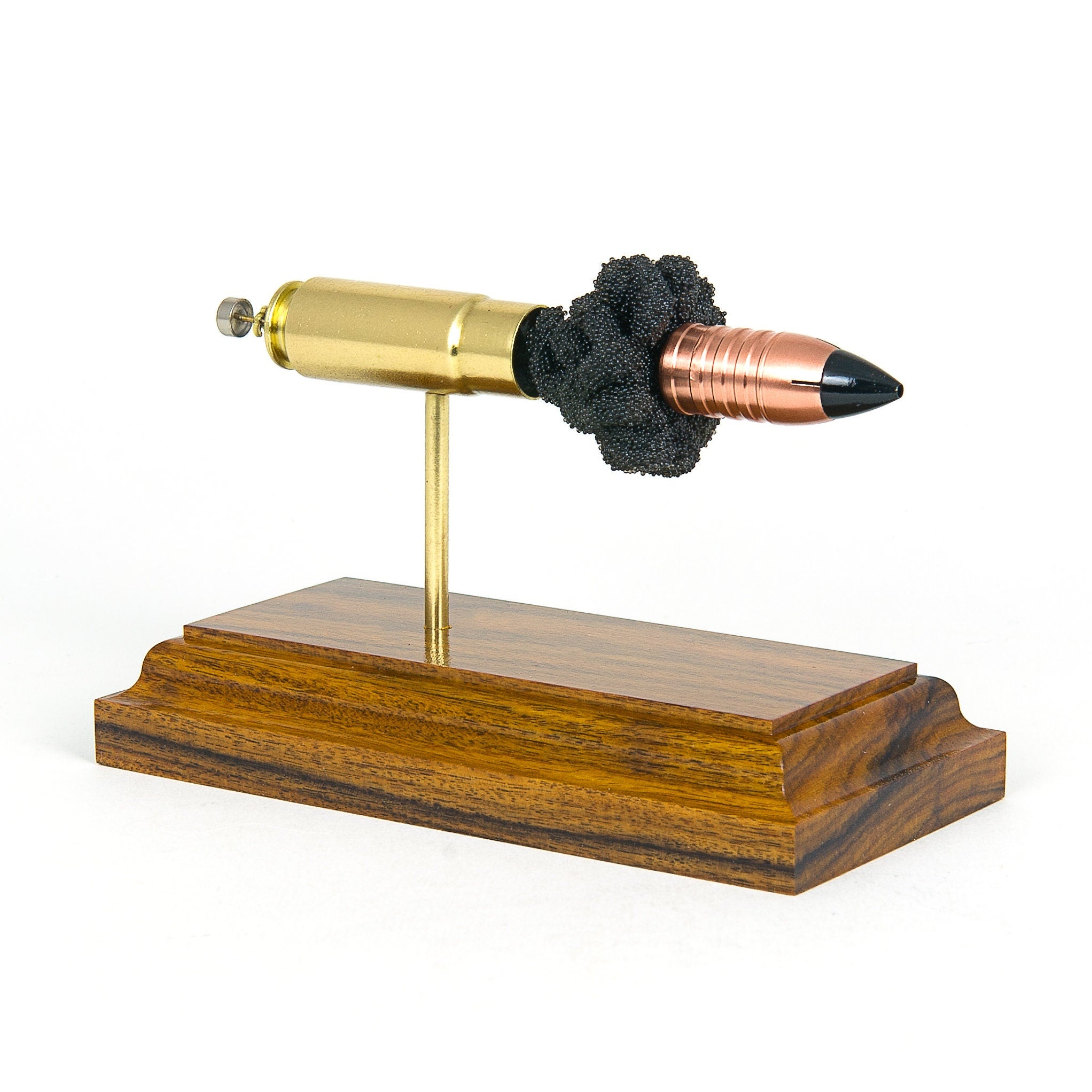 458 SOCOM 265gr Flat Base Raptor Cutting Edge Bullets expanded cartridge display model on Bolivian Rosewood base