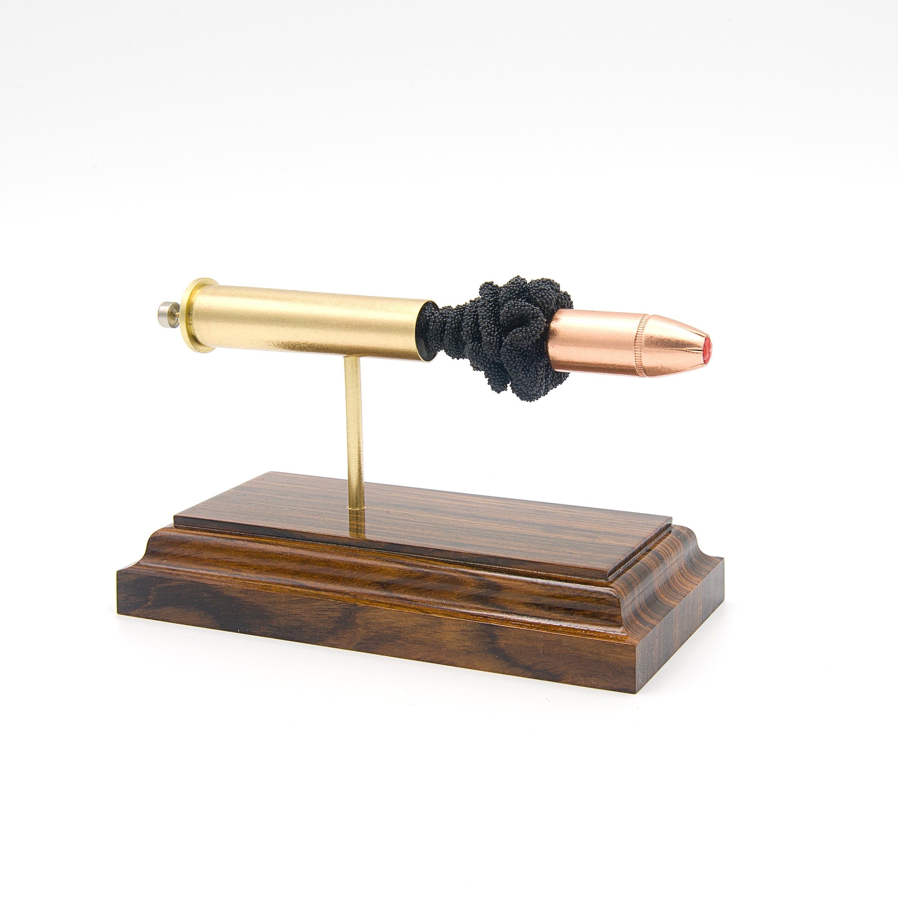 45-70 Government Hornady Subsonic 410gr Sub-X expanded cartridge display model on Bolivian Rosewood base