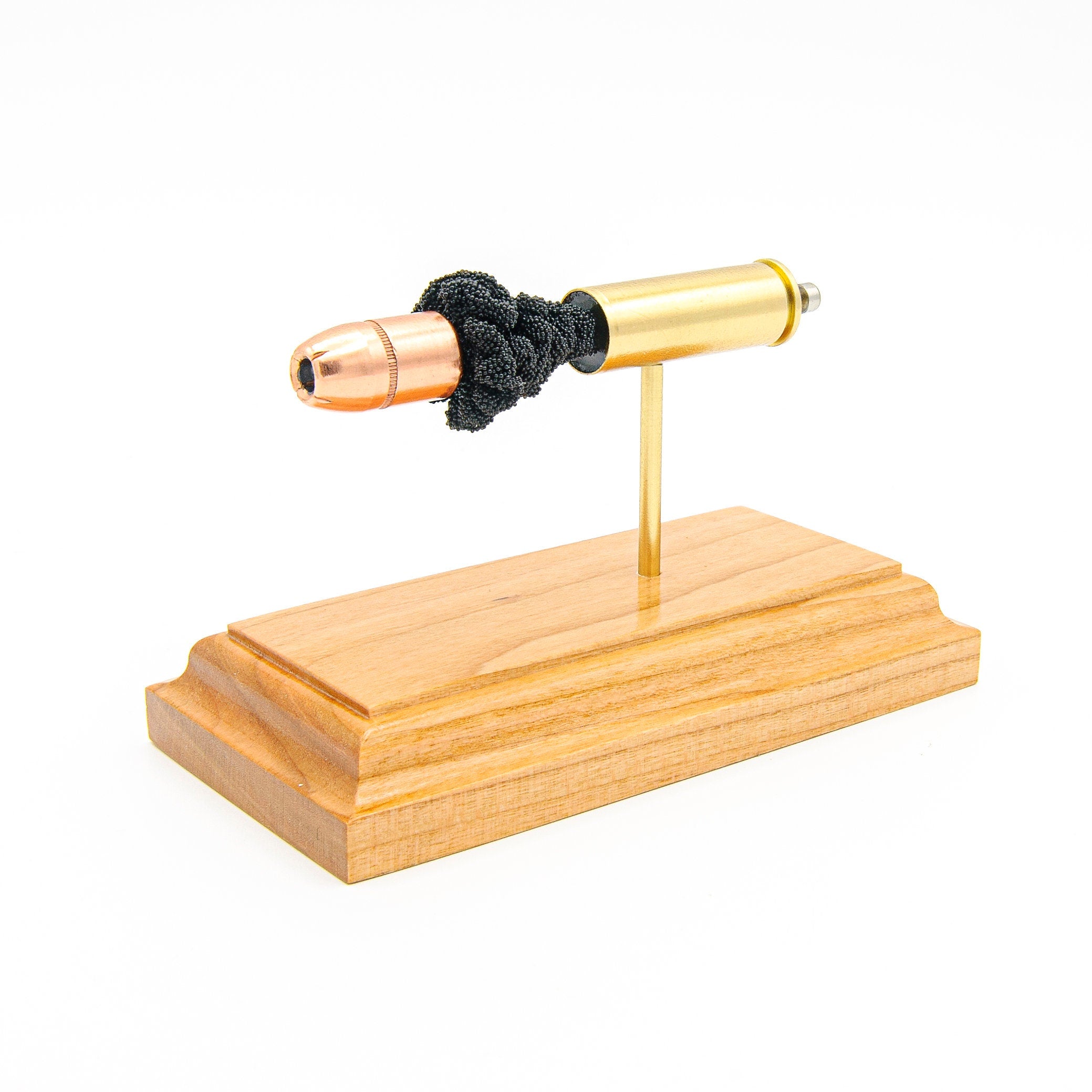 454 Casull cutaway cartridge display mounted on solid hardwood base