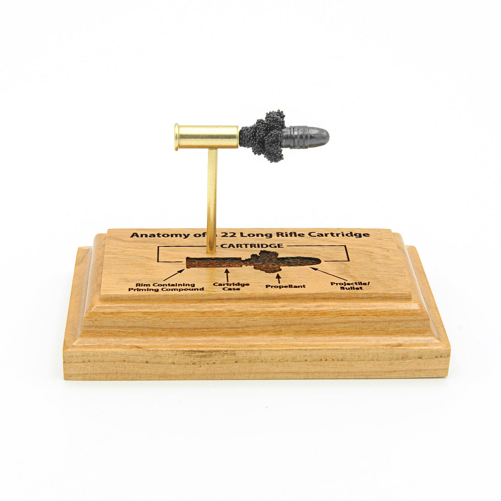 Expanded 22 Long Rifle cartridge with labeled components