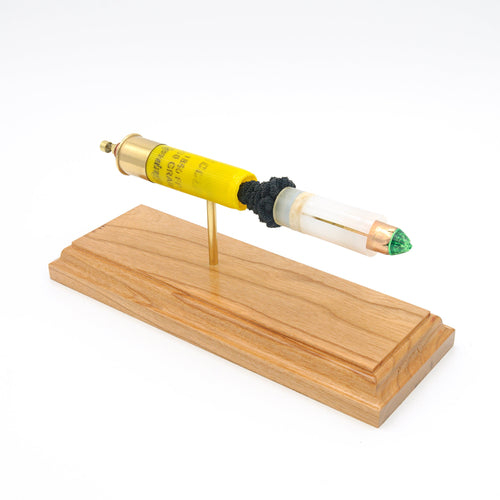 Expanded 20 gauge Remington Premier AccuTip shotshell display on cherry wood base