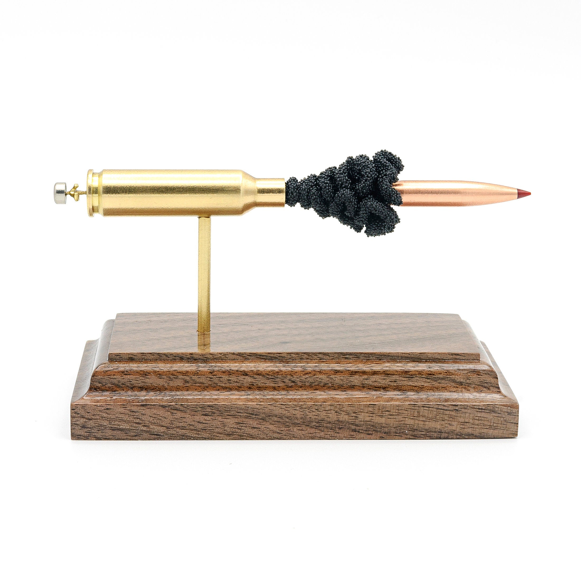 6.5 Creedmoor Hornady 143gr ELD-X expanded cartridge display model on walnut base