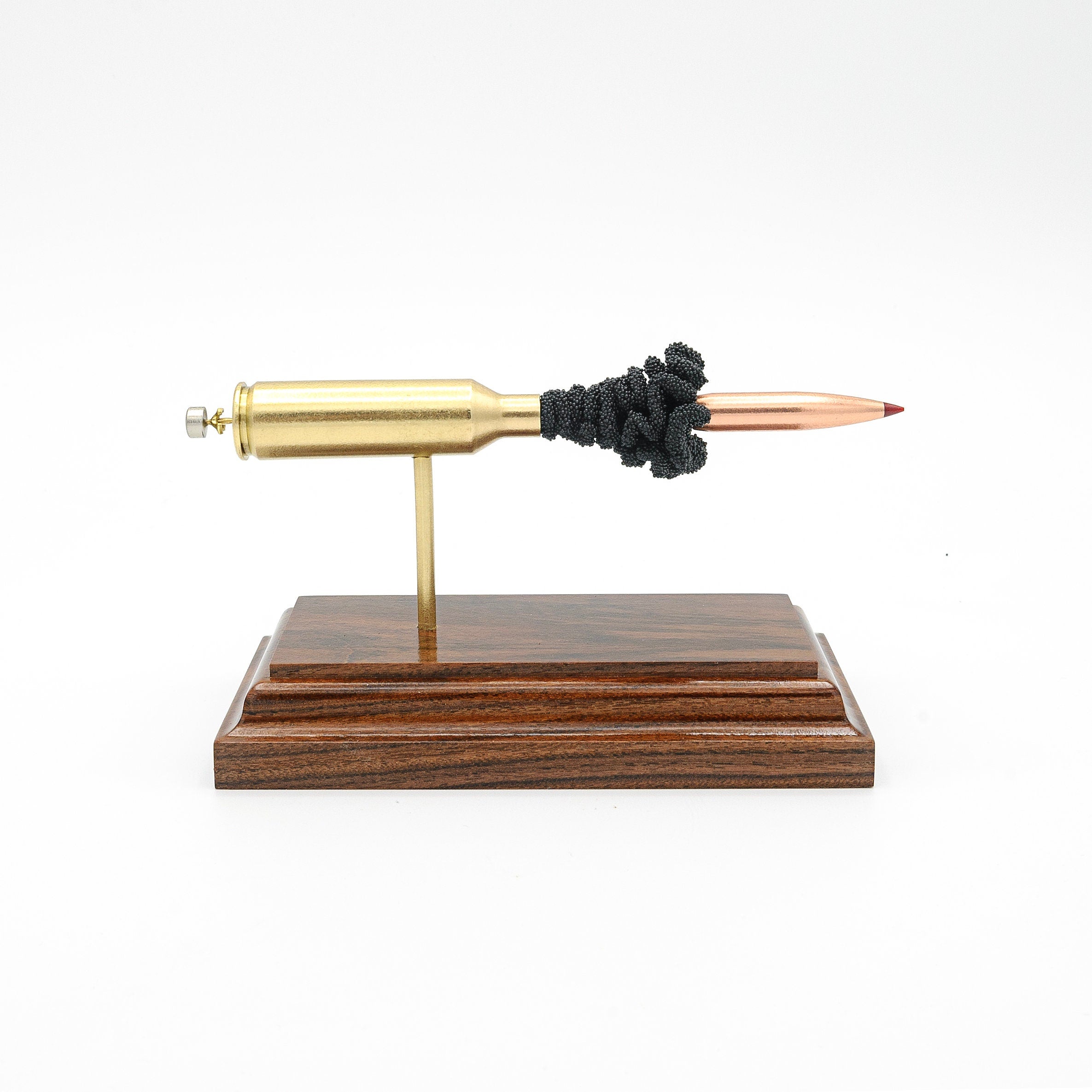 6.5 PRC Hornady 147gr ELD-M expanded cartridge display model on Bolivian Rosewood base