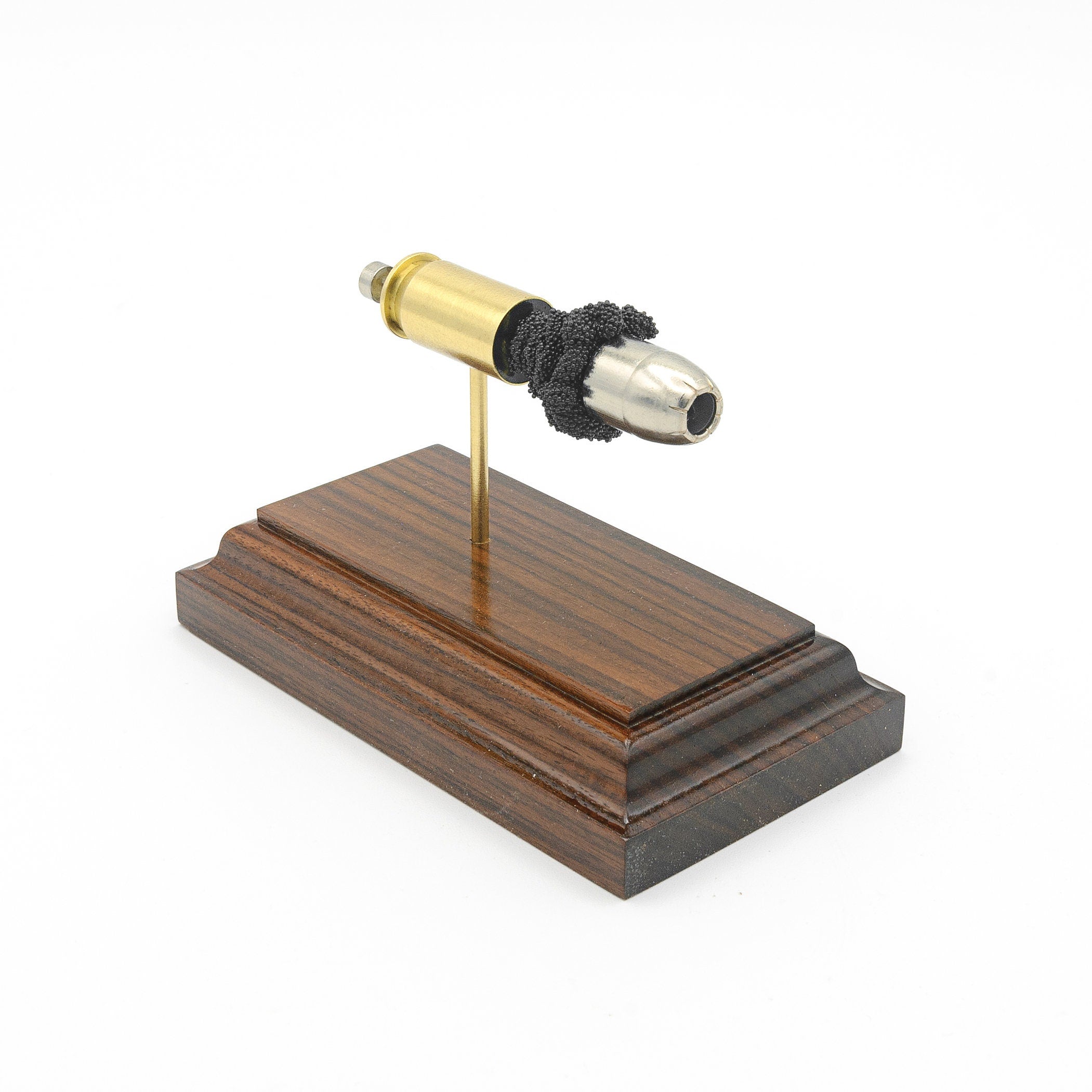 45 Auto Winchester SilverTip 185gr Hollow Point expanded cartridge display model on Bolivian Rosewood base