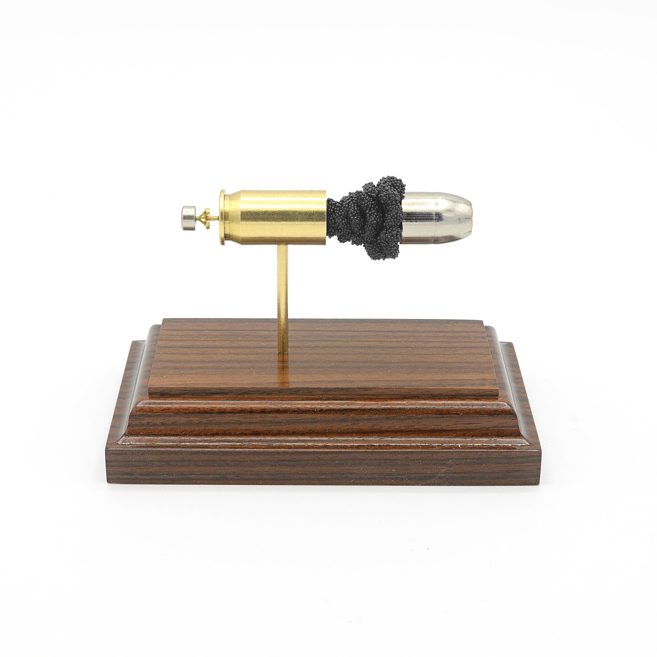 45 Auto 185gr SilverTip cutaway cartridge display mounted on solid hardwood base