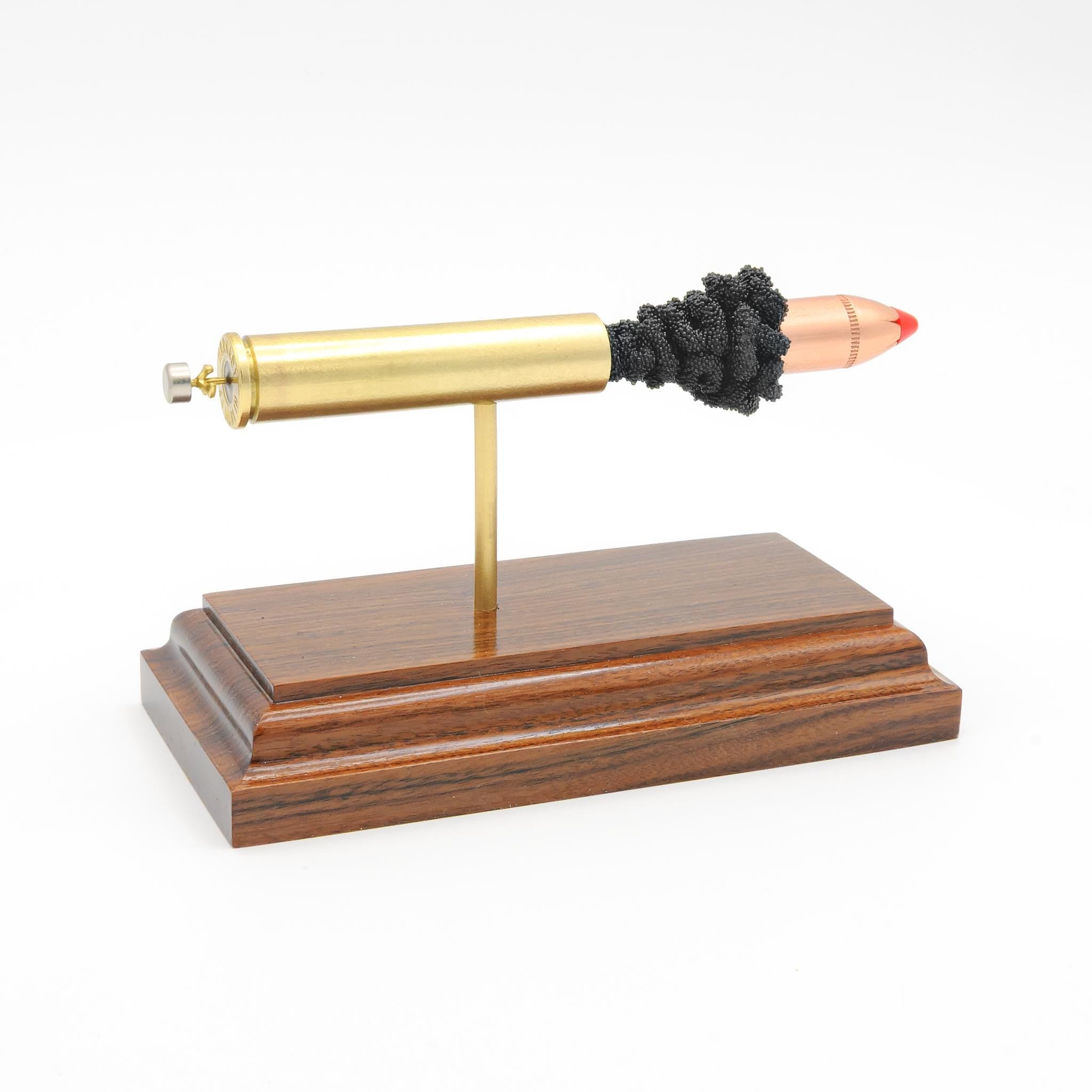 Handmade 444 Marlin Hornady 265gr FTX cartridge display shown on Bolivian Rosewood